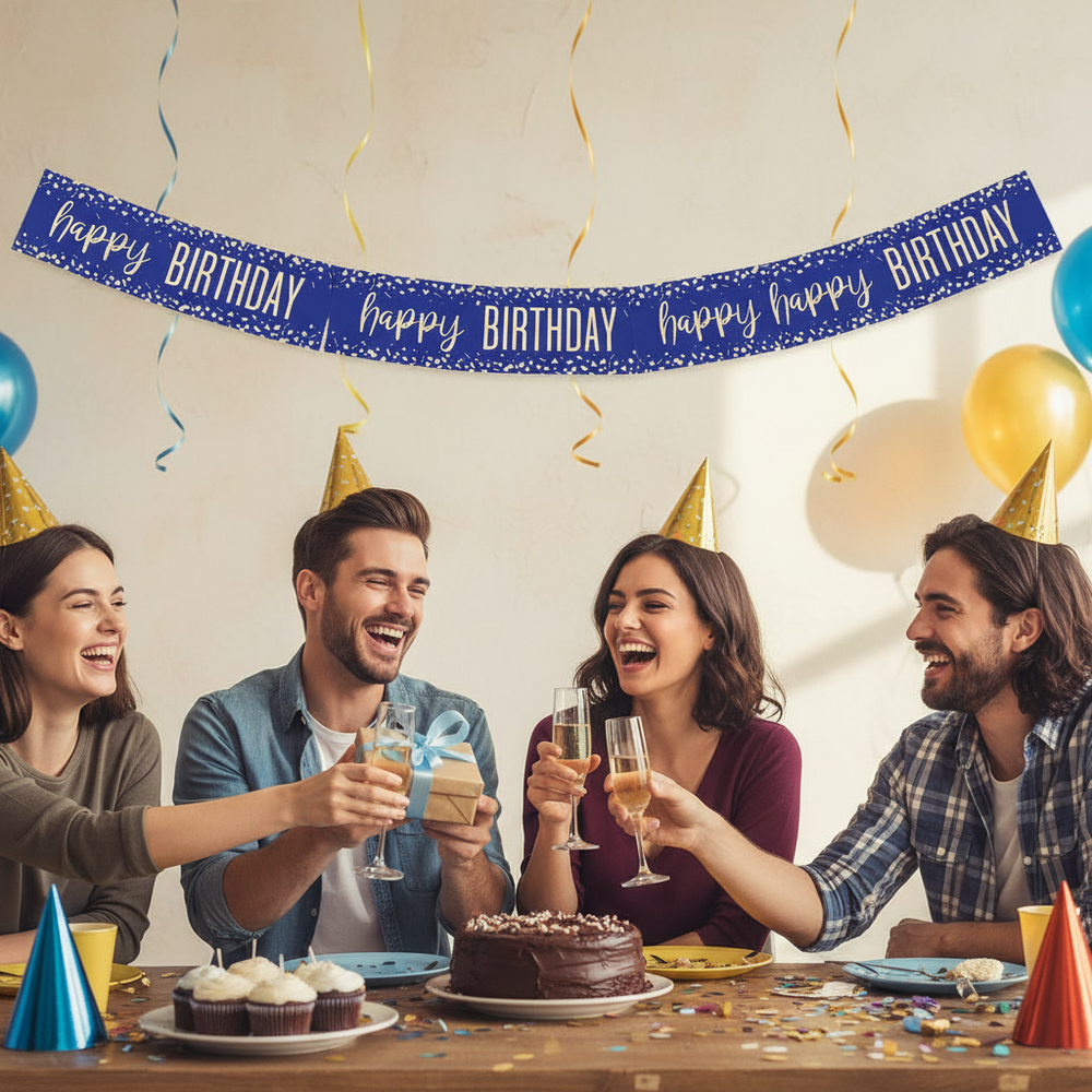 Birthday celebration with blue and gold Happy Birthday foil banner on wall