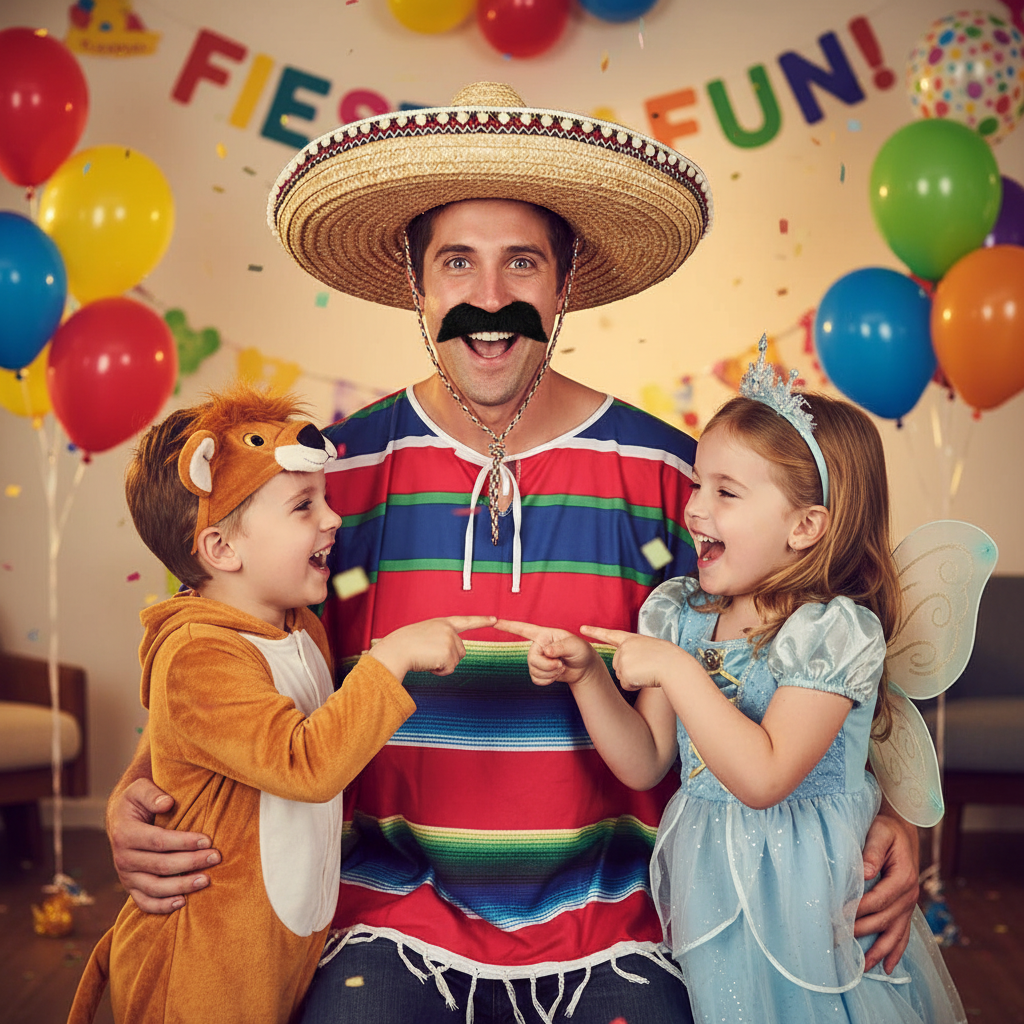 Family at fancy dress party with dad wearing black Mexican bandit moustache costume