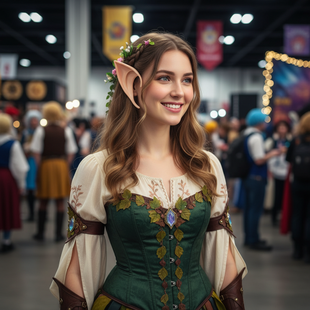 Cosplayer wearing realistic elf pixie ears at fantasy convention event
