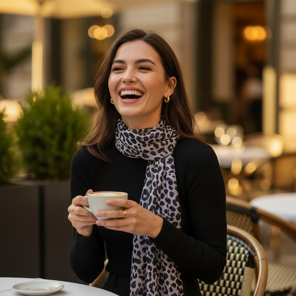 Woman wearing black and grey chiffon leopard print scarf at outdoor café enjoying coffee in warm afternoon light