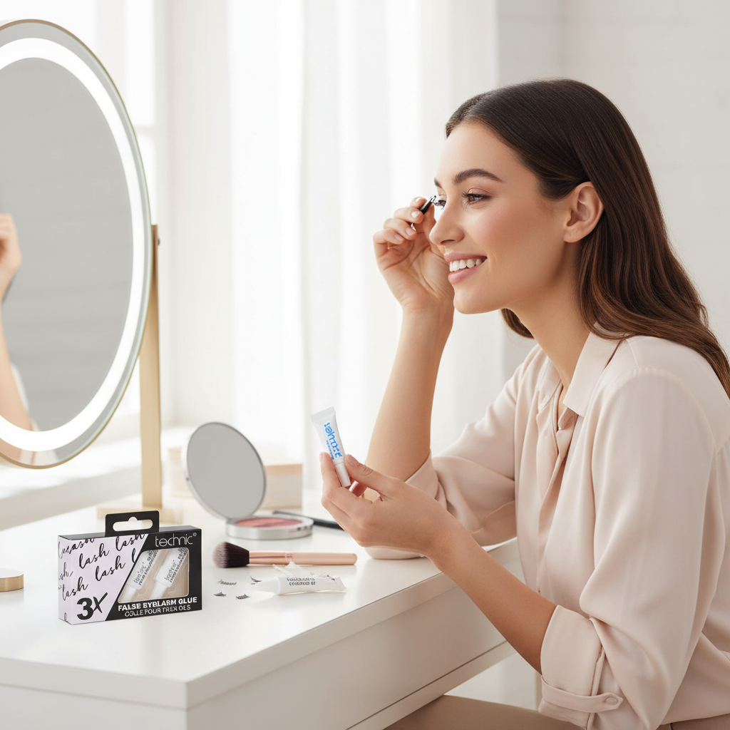 Woman applying false eyelashes using Technic Eyelash Glue in modern beauty routine setting