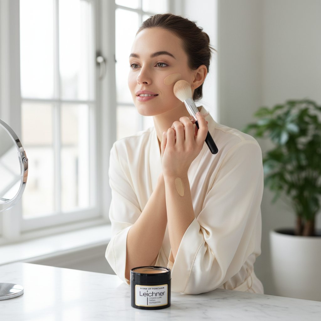 Woman with fair porcelain skin applying Leichner Camera Clear Foundation in natural light for flawless complexion