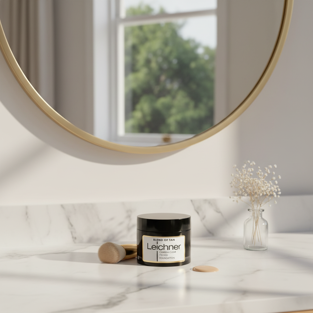 Leichner Camera Clear Tinted Foundation Blend of Tan on a marble vanity with natural window light