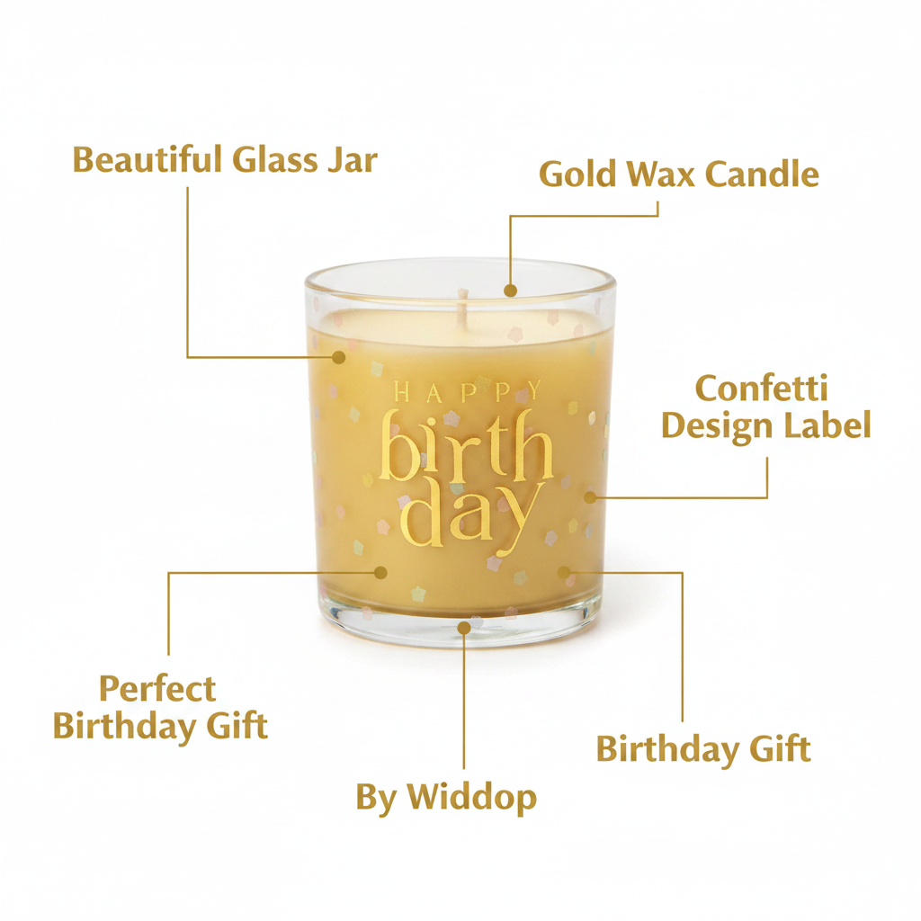Happy Birthday Confetti Candle feature infographic highlighting key product details by Widdop