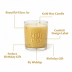 Happy Birthday Confetti Candle feature infographic highlighting key product details by Widdop