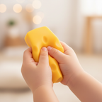Child's hands squeezing large yellow squishy cheese toy, candid moment with creamy bokeh background