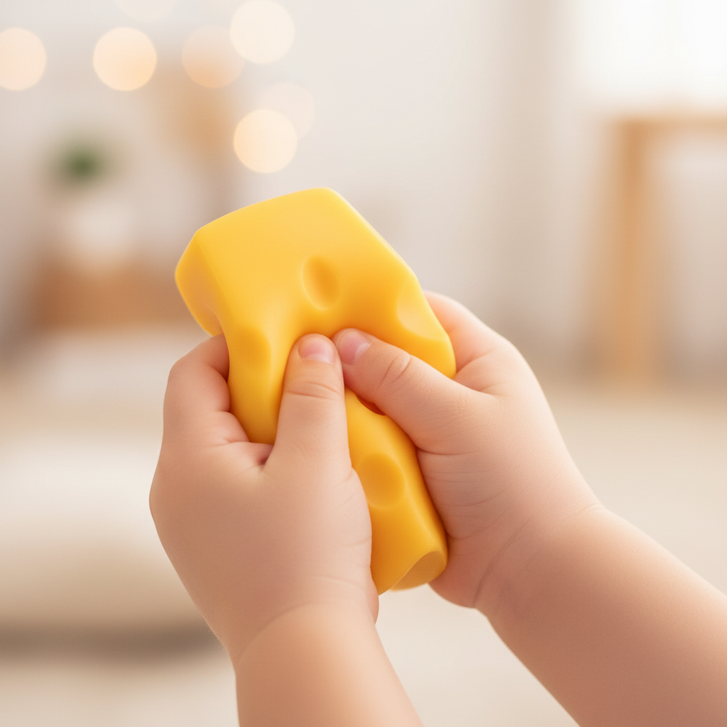 Child's hands squeezing large yellow squishy cheese toy, candid moment with creamy bokeh background
