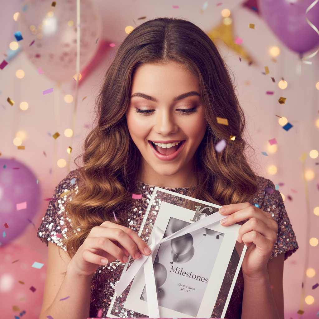 Teenage girl unwrapping a silver Age 16 milestone photo frame gift at a sweet 16 birthday party