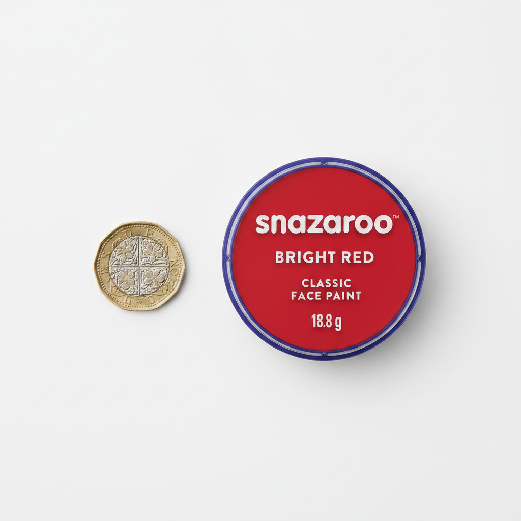 Snazaroo Classic Bright Red Face Paint 18ml pot beside a £1 coin showing product size and scale
