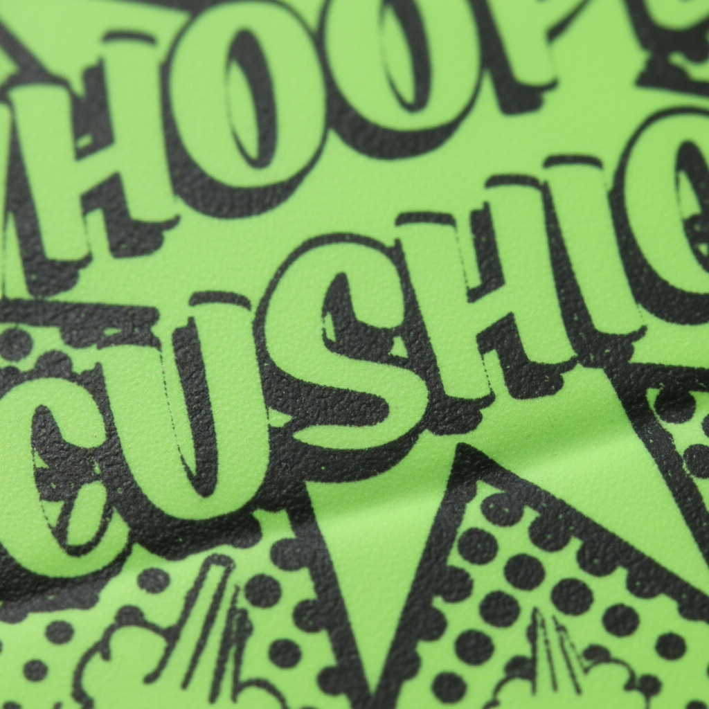 Extreme macro close-up of neon lime green whoopee cushion rubber texture and black starburst graphic print detail
