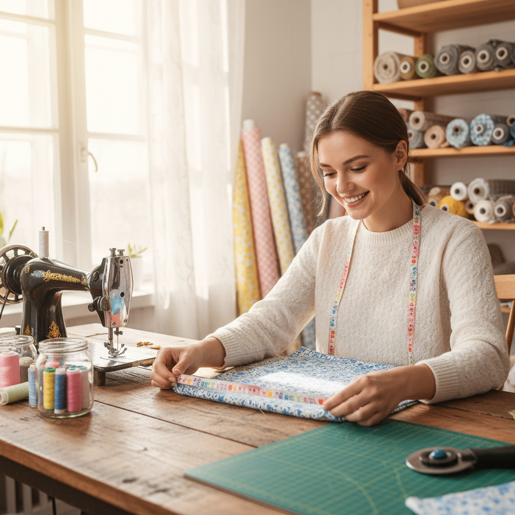 Woman using a colourful cloth tape measure at a sewing table in a bright craft room