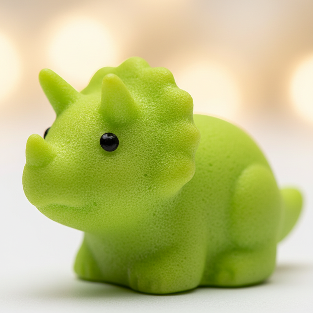 Extreme macro close-up of lime green squishy dinosaur toy showing soft slow-rise foam texture and material quality