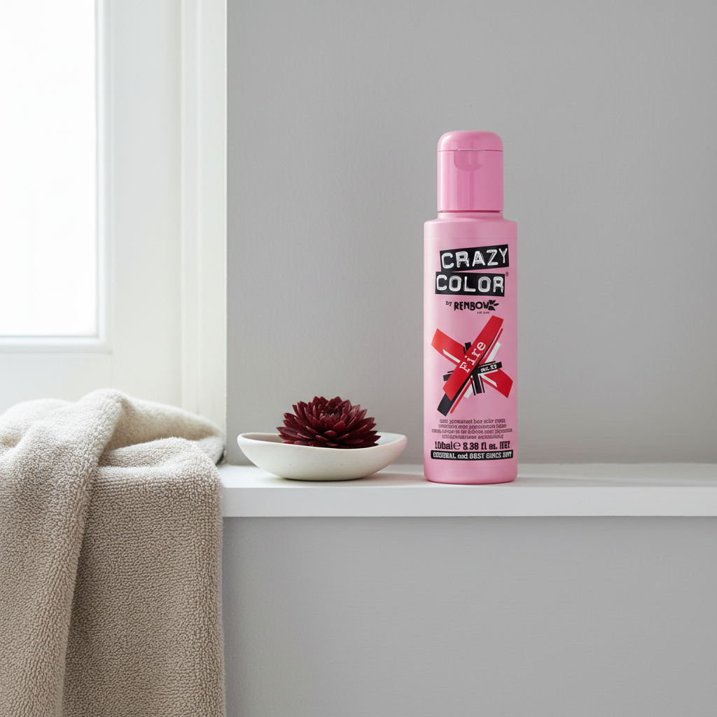 Crazy Color Fire Red No.56 hair dye bottle styled on a clean bathroom shelf with minimal props, natural window light, interior magazine quality