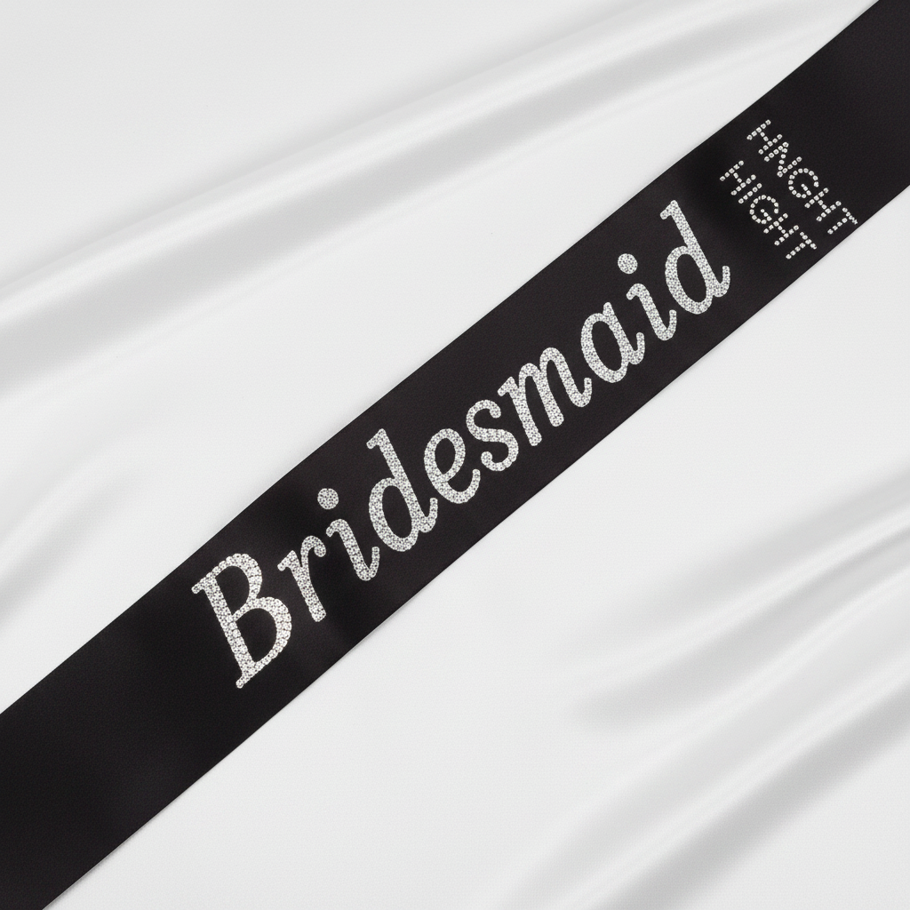 Black satin and diamante bridesmaid sash displayed on white background showing luxurious satin finish and sparkling crystal detailing