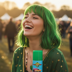 Woman with vibrant green hair at a festival, laughing joyfully after using Party Success Green Hair Colour Spray
