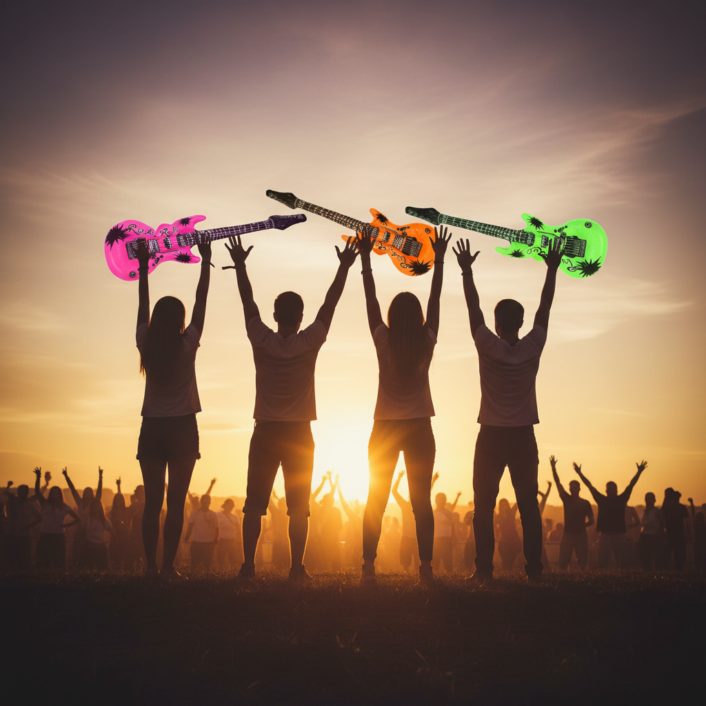 Friends holding neon inflatable guitars aloft at a festival during golden hour sunset