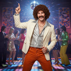 Wicked Costumes Men's Brown Perm Wig with Moustache - 70s Disco Style - Why Not Shop