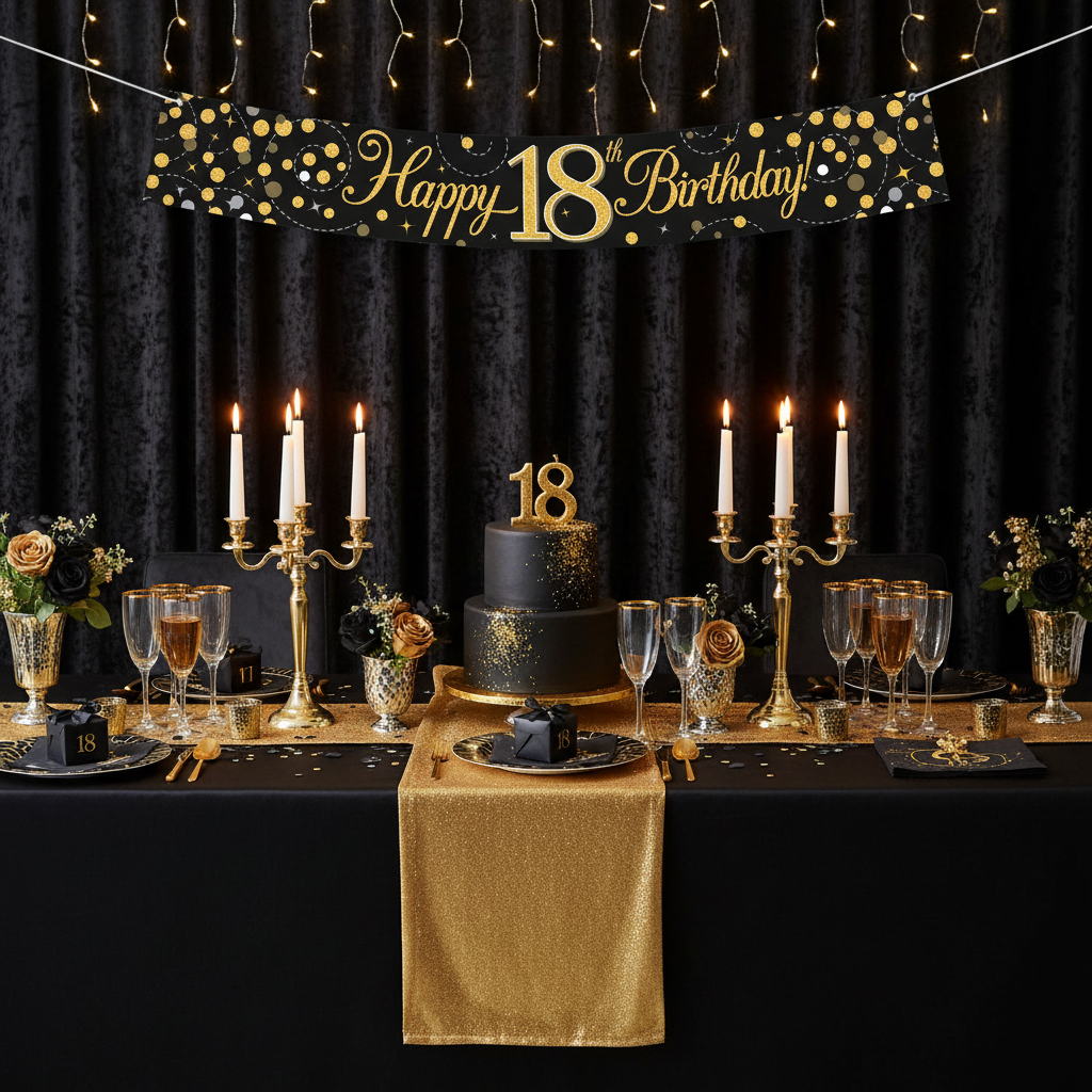 Elegant 18th birthday party table setup with Sparkling Fizz banner and black gold decorations