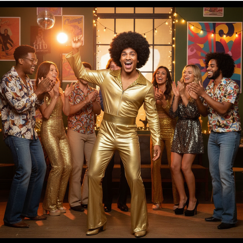 Man in gold disco costume laughing with friends at a fancy dress party
