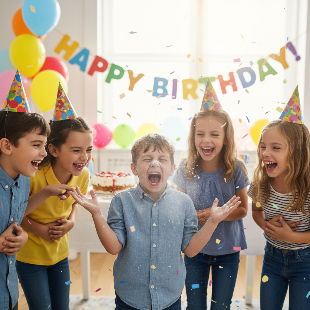 Group of kids laughing at a party after a sneezing powder prank, one child mid-sneeze
