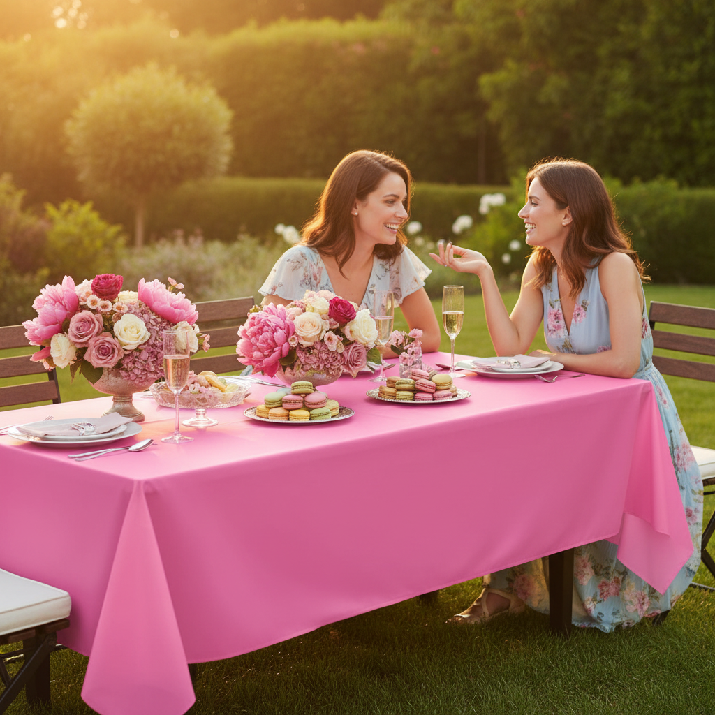 Hot pink plastic tablecover on an elegant outdoor garden party table with floral centrepieces