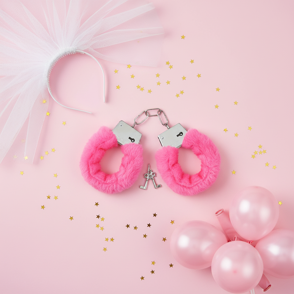 Flat lay of pink fur handcuffs with hen party props on pastel pink background
