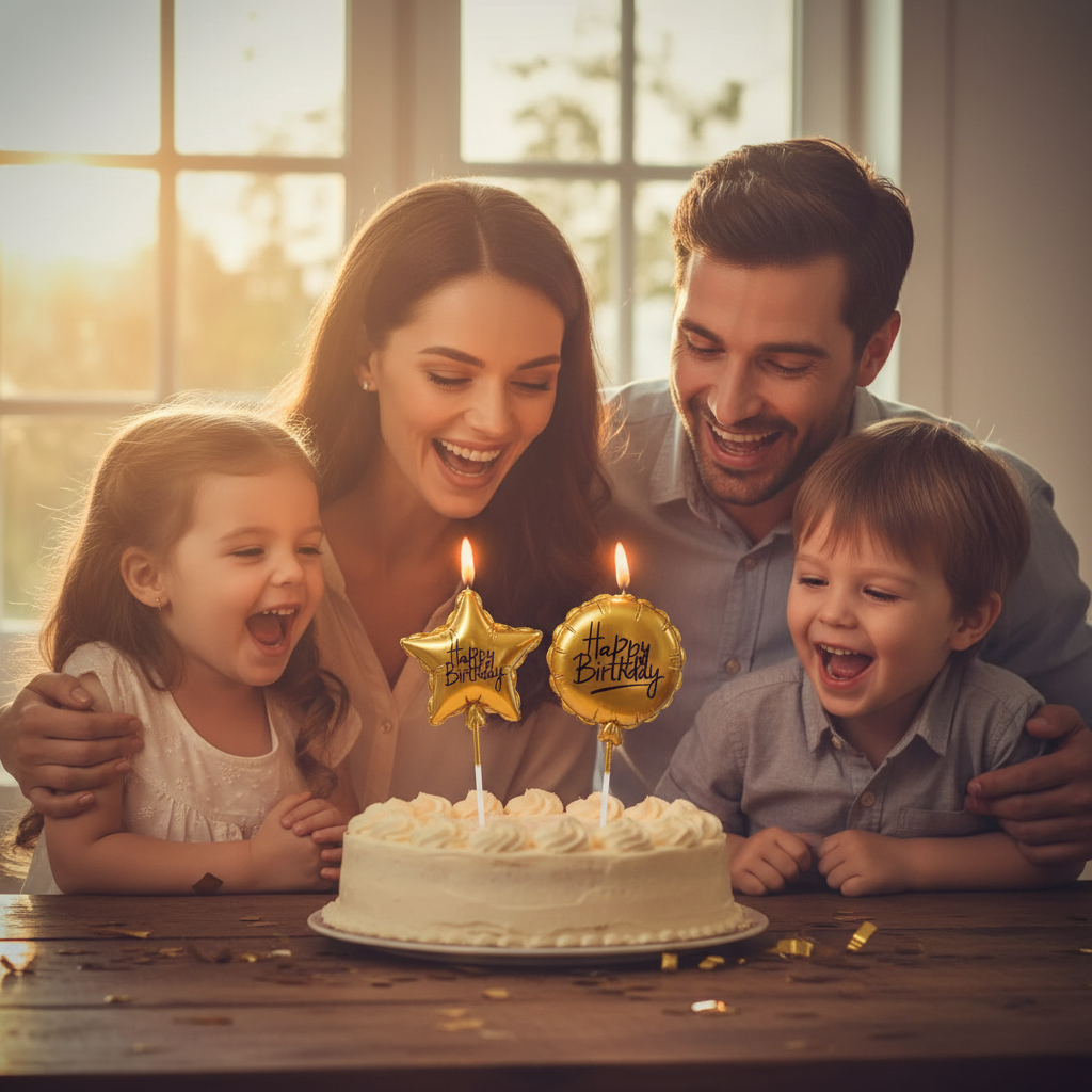 Family celebrating birthday with gold metallic candles glowing on cake