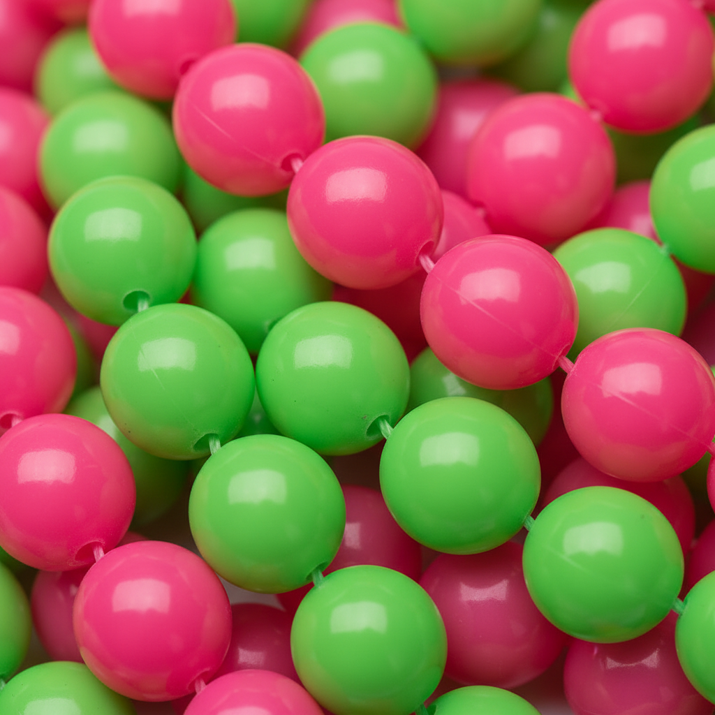 Extreme macro close-up of neon pink and green plastic bead necklace showing glossy round bead texture and vibrant colour