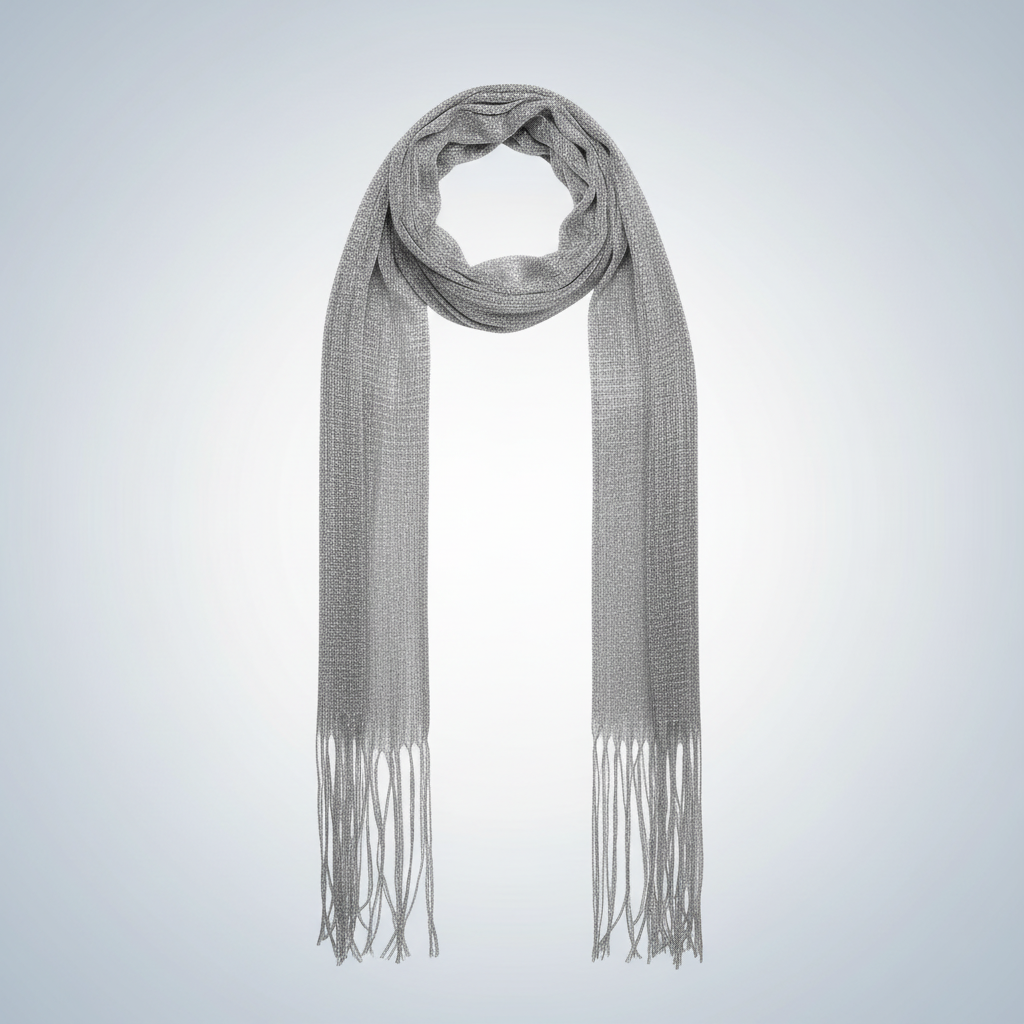 Women's bohemian metallic silver long scarf with fringe on clean grey background — Why Not Shop