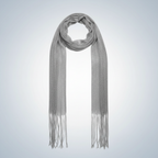 Women's bohemian metallic silver long scarf with fringe on clean grey background — Why Not Shop