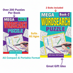 Feature callout infographic for A5 Mega Wordsearch Puzzle Books showing 200+ puzzles, A5 format, 2 books included