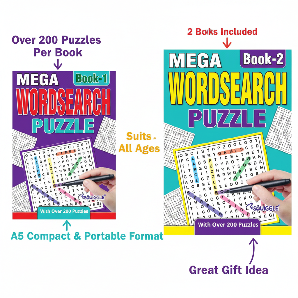 Feature callout infographic for A5 Mega Wordsearch Puzzle Books showing 200+ puzzles, A5 format, 2 books included