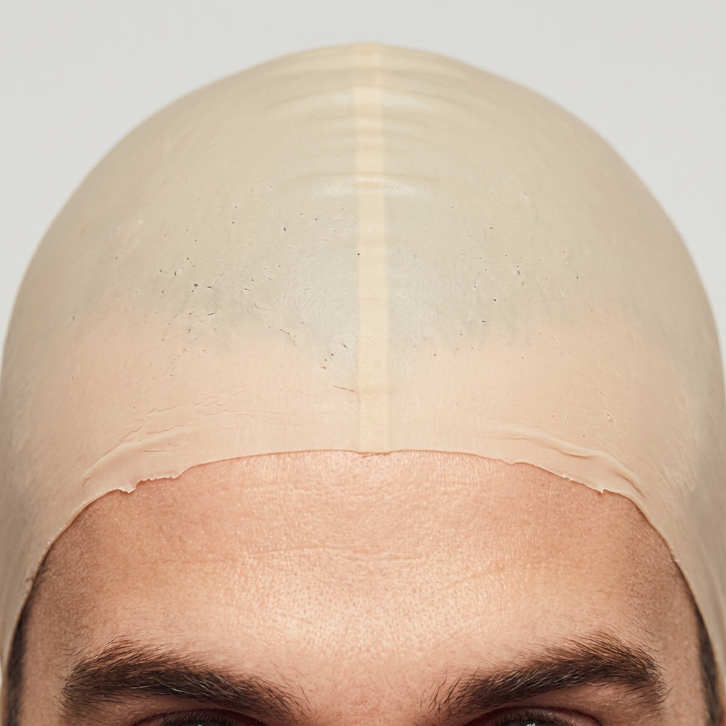 Close-up of the skin-toned latex bald cap showing its crown seam and forehead edge