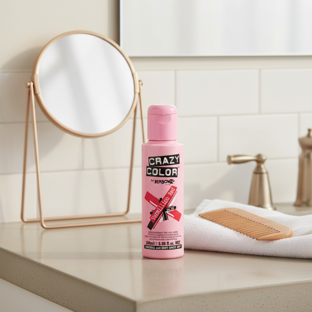 Crazy Color Vermillion Red 100ml hair dye styled on bathroom vanity with mirror, comb and white towel in natural window light