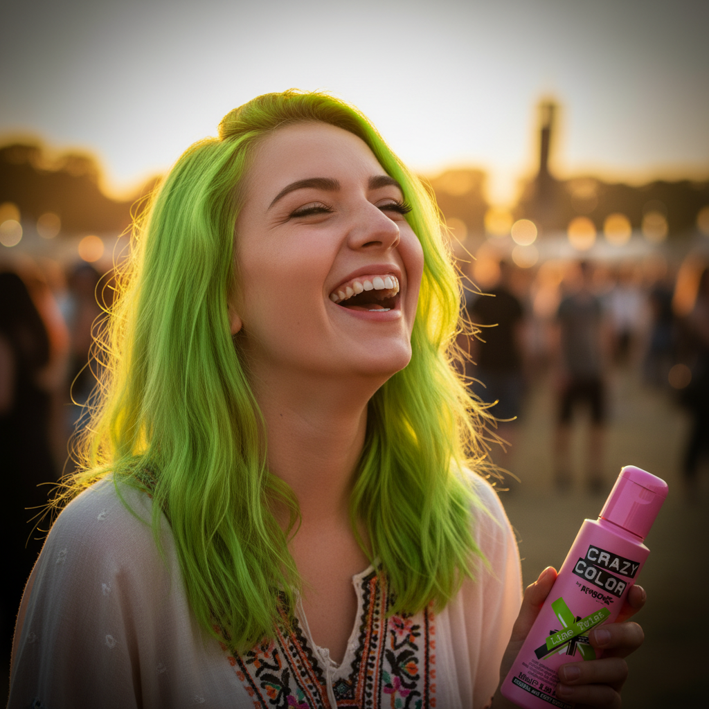 Young woman with vivid lime green hair holding Crazy Color Lime Twist dye at a summer festival golden hour