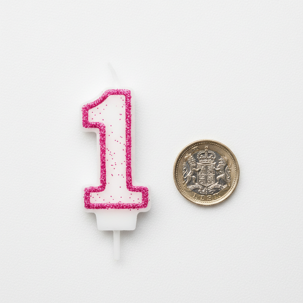 Pink glitter number 1 birthday candle flat lay beside a pound coin showing product scale on white background