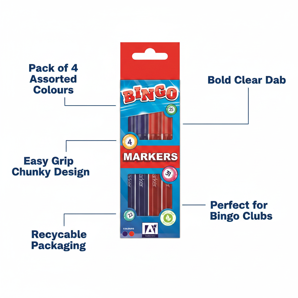 Anker Stationery Bingo Markers Pack of 4 feature infographic highlighting bold dab, easy grip, assorted colours, recyclable packaging