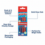 Anker Stationery Bingo Markers Pack of 4 feature infographic highlighting bold dab, easy grip, assorted colours, recyclable packaging