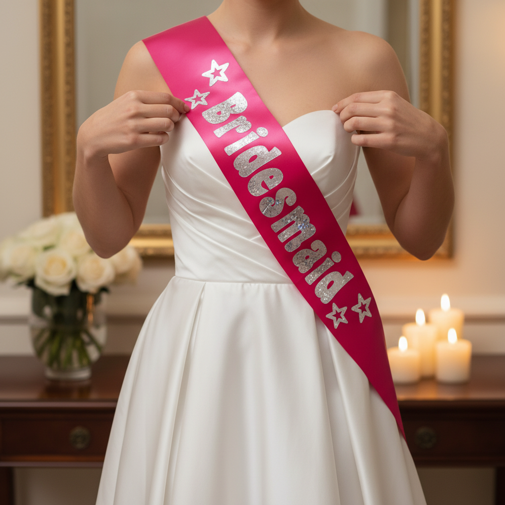 Close-up of Hot Pink Bridesmaid Sash with Silver Foil Writing being adjusted in elegant bridal suite setting
