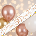 9ft Sparkling Fizz 50th Birthday Banner in rose gold holographic and white - premium party decoration