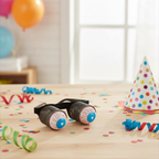 Joke pop-out eye glasses resting on a party table with confetti and streamers — natural window light, rule of thirds, lifestyle magazine quality