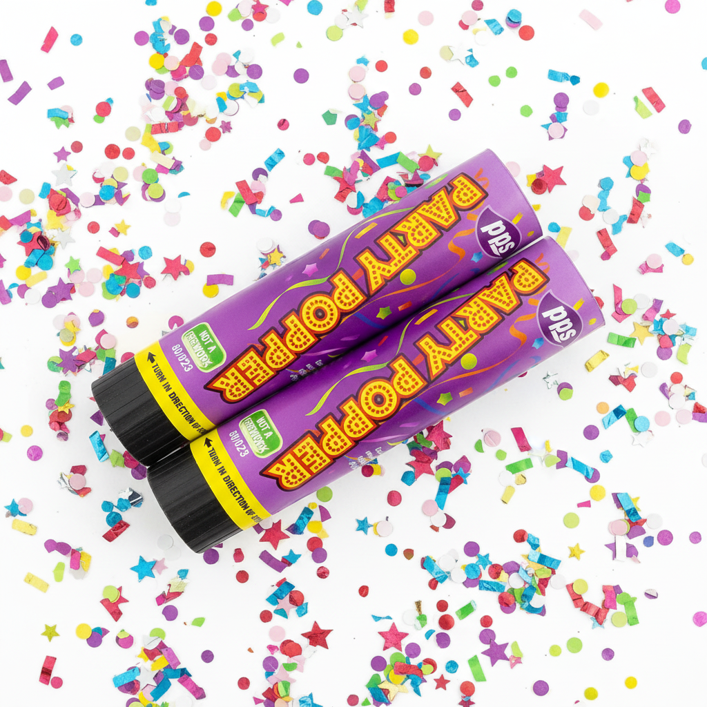 Colour Confetti Cannon Party Poppers 21cm - Flat Lay with Confetti