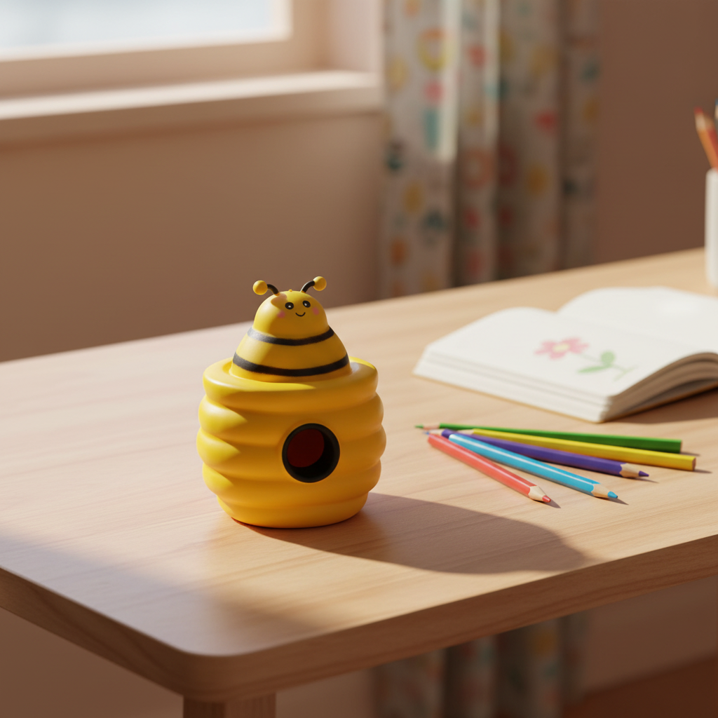 Squishy Pop Up Beehive yellow toy sitting on a child's wooden desk beside pencils and a notebook in natural window light