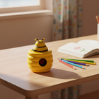 Squishy Pop Up Beehive yellow toy sitting on a child's wooden desk beside pencils and a notebook in natural window light
