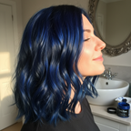 Beautiful glossy midnight blue hair result achieved with La Riche Directions Midnight Blue semi-permanent hair dye