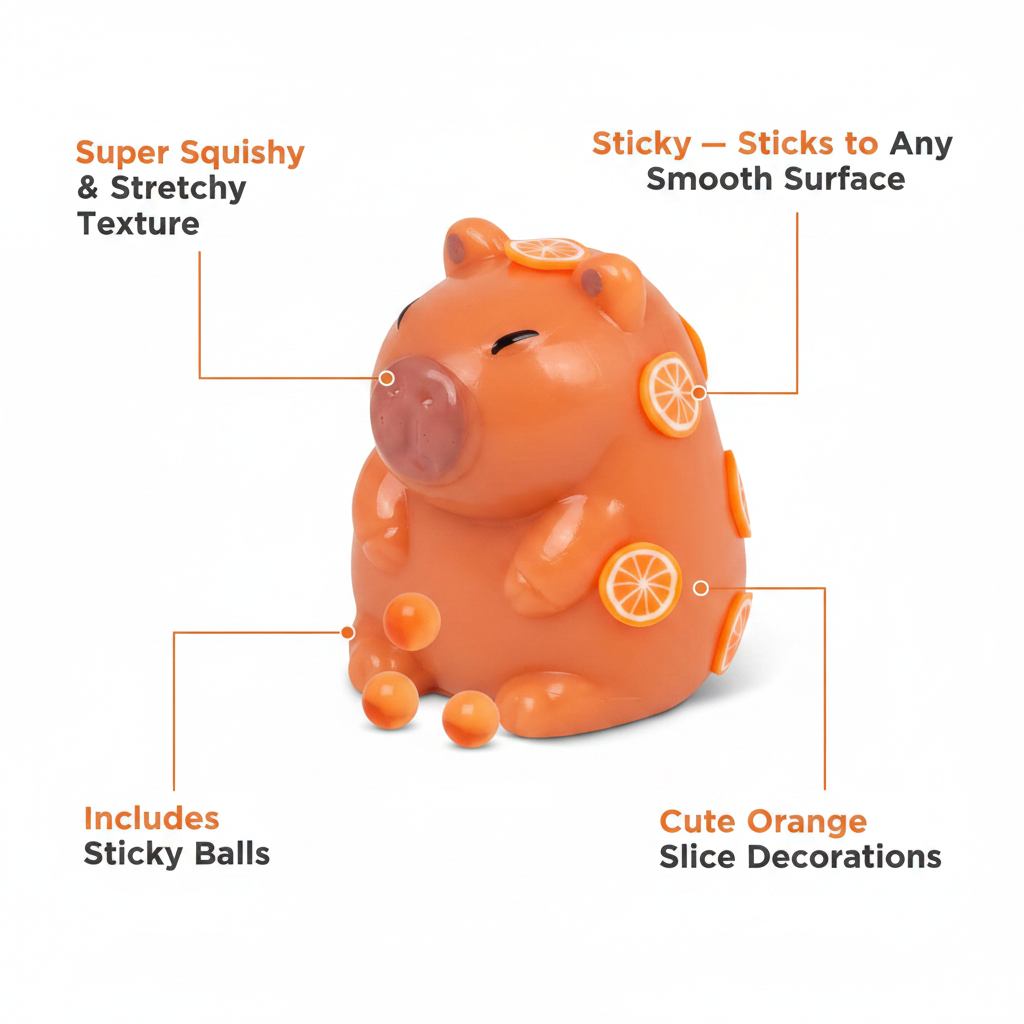 Scrunchems Sticky Squishy Capybara feature infographic showing key product highlights and specifications
