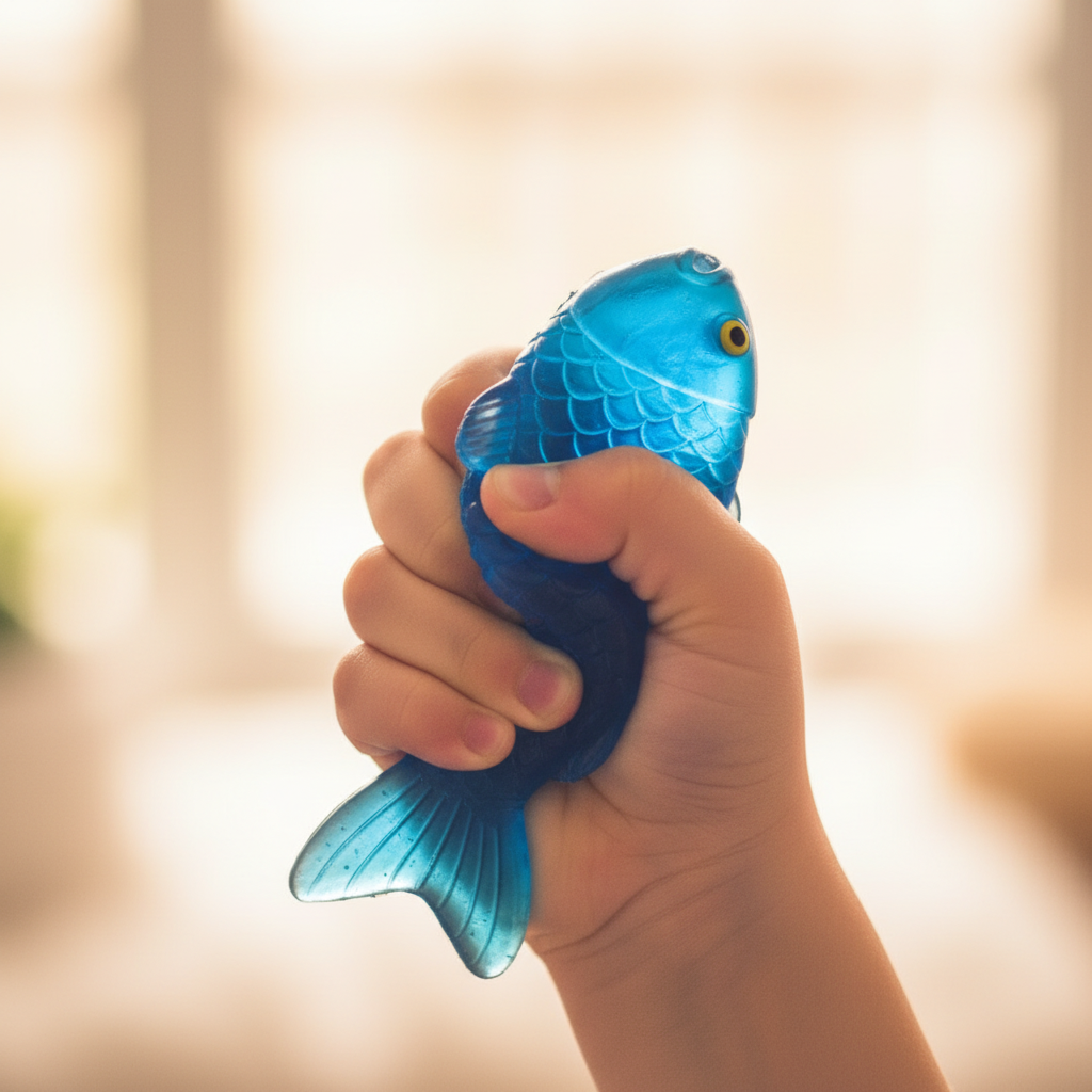 Child's hand squeezing a vivid blue Sticky Fish Squishy toy with creamy bokeh background