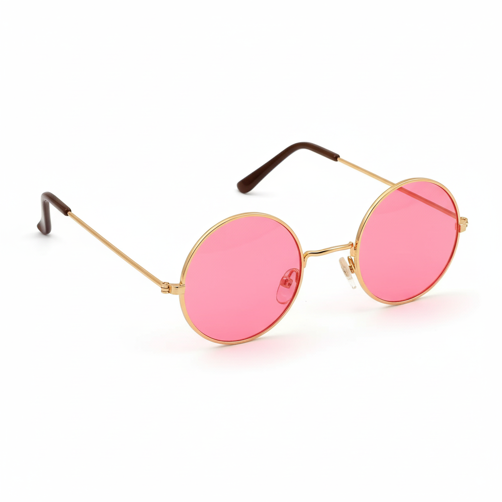 Hippy Glasses With Pink Lenses - studio product shot on white background showing round pink lenses and gold wire frame