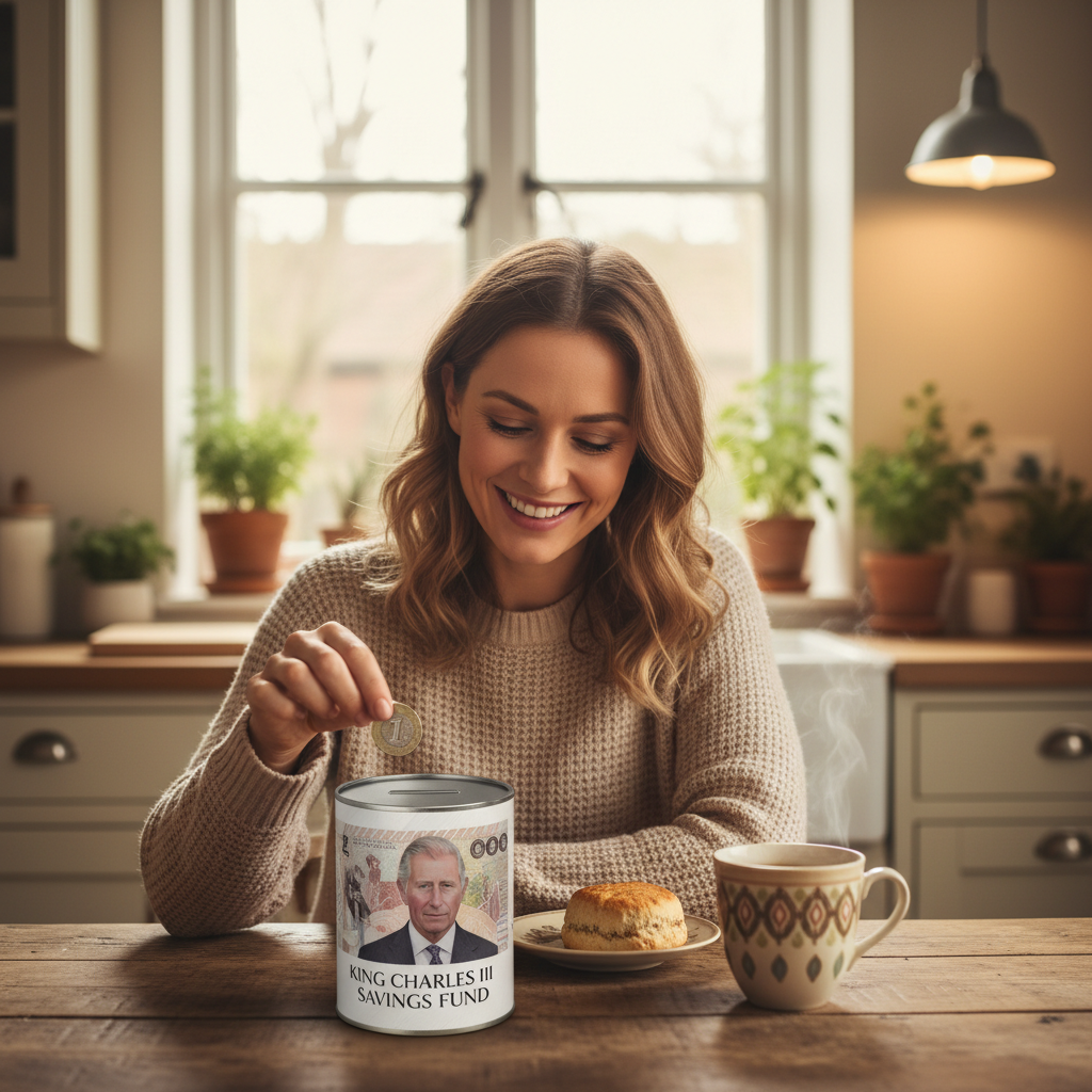 Smiling British woman dropping a coin into a King Charles III money saving tin at a kitchen table with a cup of tea