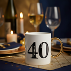 Art Deco Age 40 gift mug in white with blue and gold design on elegant background